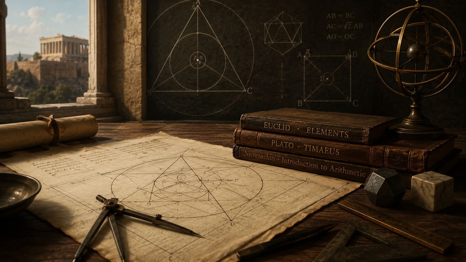 A classical study with parchment geometry diagrams, compass, Euclid and Plato books, an armillary sphere, and geometric figures on a chalkboard