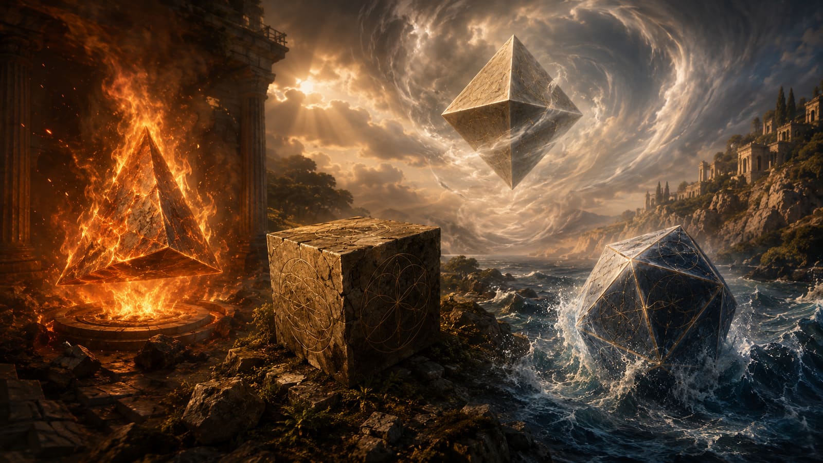 Four Platonic solids representing fire, earth, air, and water in a classical landscape