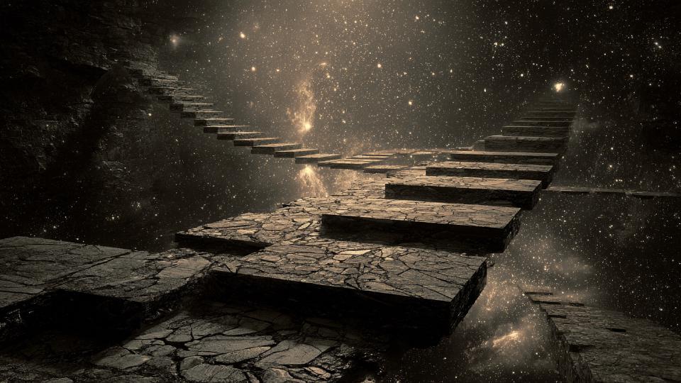 Stone steps suspended in a star-filled void