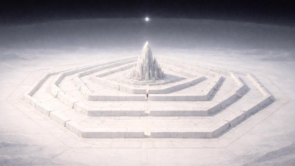 Tiered polygonal citadel in a white noetic expanse beneath a dark upper sky, marking approach to an inner threshold